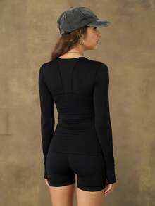 女士速干长袖运动上衣 - 黑色 - 查看 3