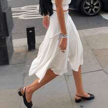 Vacation Style Chic Asymmetric Hem Skirt, Fashionable White Minimalist Side Tie Skirt Spring - White - View 3