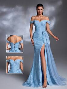 A Light Blue Lace-Embroidered Off-Shoulder Short Sleeve Waist-Cinching Lace-Up High-Slit Tulle Train Elegant Evening Gown - sea blue - View 7