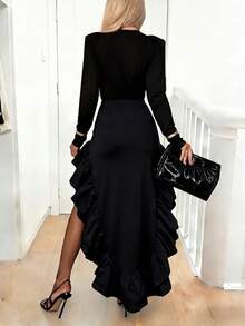 女士不对称设计修身针织黑色拼接荷叶边下摆不对称下摆半身裙 - 黑色 - 查看 5