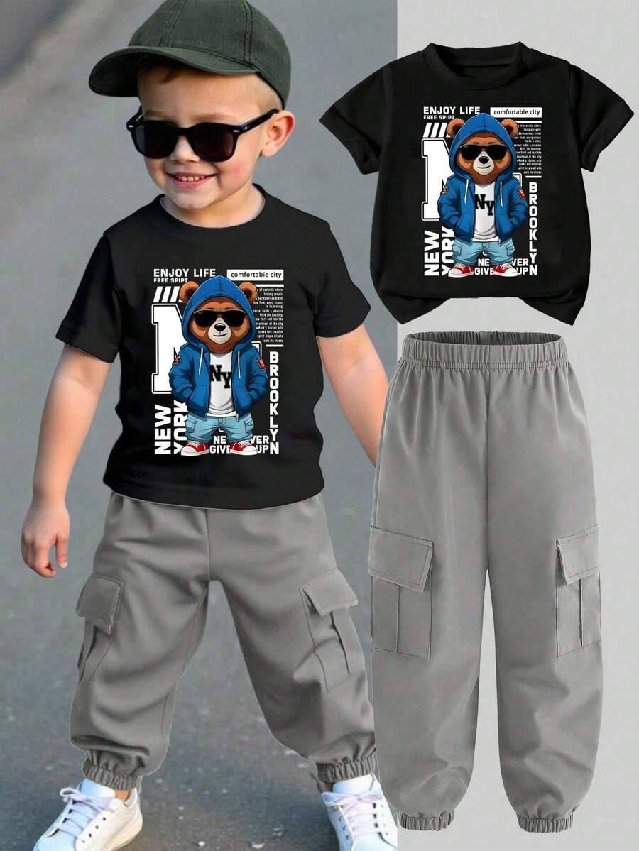 Young Boy Cartoon Print Round Neck Short Sleeve Top And Cargo Pants Set - Black - View 1