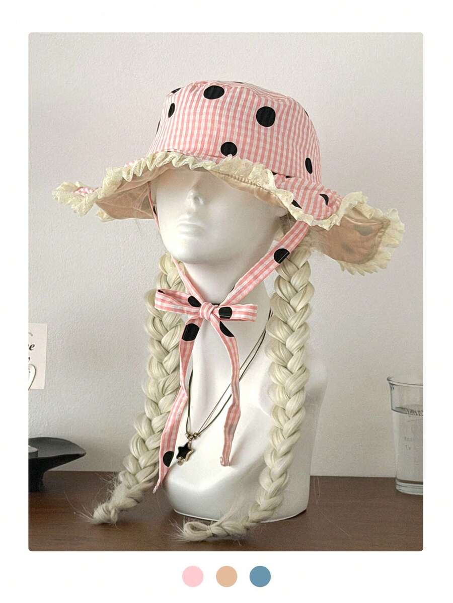 波点蕾丝系带渔夫帽，可爱少女风，春夏出行度假防晒佳品。复古格纹拼接撞色抽绳宽檐波西米亚风度假遮阳帽。亮色系带防晒帽，旅行防紫外线。 - 彩色 - 查看 1