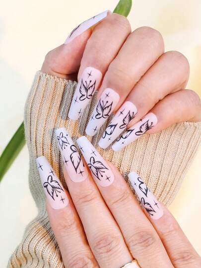 24PCS Pink Iridescent Medium Fake Nails With Design Butterfly Wing Press On Nails Almond , Glossy Reusable Stick On Nails For Women, Cute Nail Art For DIY, Party, Daily Wear