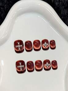 10Pcs Burgundy Cat Eye Rhinestone Press On Nails With Red Diamond Starburst Design For Women - Red - View 1