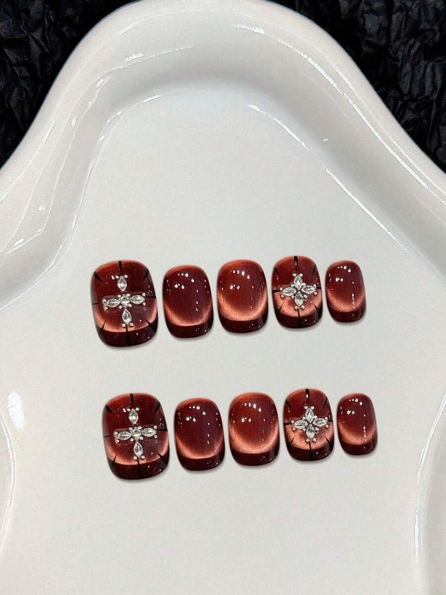 10Pcs Burgundy Cat Eye Rhinestone Press On Nails With Red Diamond Starburst Design For Women - Red - View 1