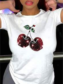 Women's Black Cherry Print Casual Crew Neck Short Sleeve Top - Sparkling Rhinestone & Lip Graphic Design, Machine Washable, Spring/Summer Fashion Tee - White - View 1