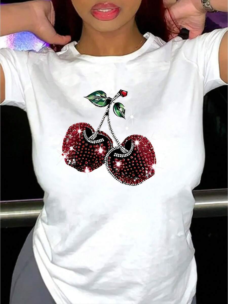 Women's Black Cherry Print Casual Crew Neck Short Sleeve Top - Sparkling Rhinestone & Lip Graphic Design, Machine Washable, Spring/Summer Fashion Tee - White - View 1