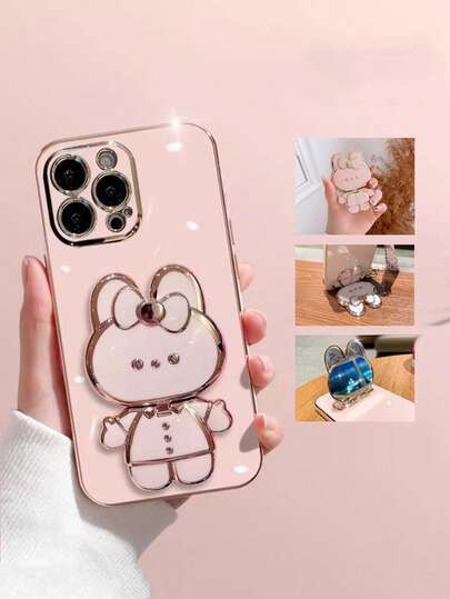 1pc Cute Electroplated Rabbit Makeup Mirror, 3D Phone Holder, Foldable Rotating Slouchy Desk Mount, Compact Design