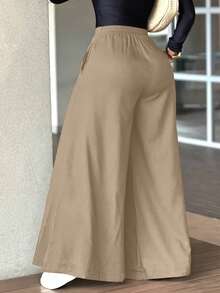 时尚纯色休闲宽松阔腿裤，优雅简约，春季必备 - 卡其色 - 查看 7