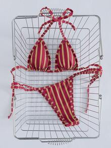 女士性感简约复古魅惑风情两件套休闲度假沙滩旅行派对双面印花挂脖系带泳衣套装，春夏新品 - 紅色 - 查看 4