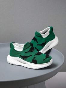 1 Pair Kids Sneakers, Knitted Cartoon Pattern Socks Shoes, Easy To Wear, Lightweight Breathable Running Shoes, Fashionable Mesh Design For Students - Green - View 4