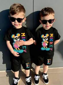 Disney-Colorful And Playful Style! Mickey Children's Set With Contrasting Sunglasses And Mickey Print All Black Short Sleeved Shorts, Two Piece Set - 黑色 - 查看 1