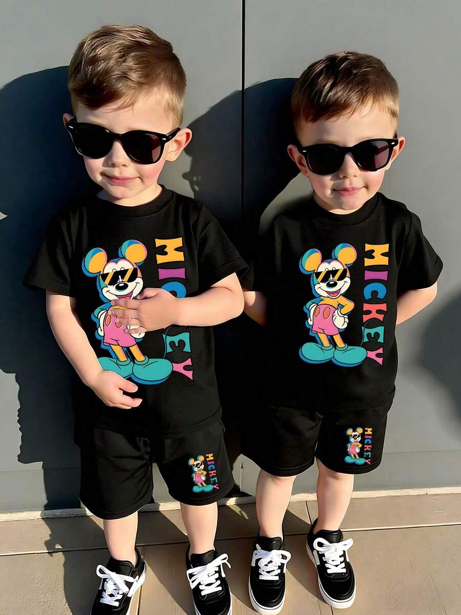 Disney-Colorful And Playful Style! Mickey Children's Set With Contrasting Sunglasses And Mickey Print All Black Short Sleeved Shorts, Two Piece Set - 黑色 - 查看 1