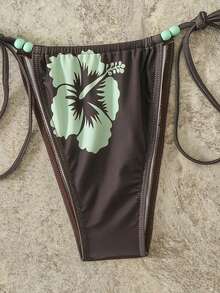 Bộ bikini nữ mùa xuân/hè in họa tiết buộc dây với hạt cườm xanh, thiết kế thắt nút hở lưng, kiểu dáng nghỉ dưỡng, thích hợp cho bãi biển, lễ Phục sinh, ngày Thánh Patrick, đi chơi, lễ tốt nghiệp, thanh lịch. - Cà phê nâu - Xem 9