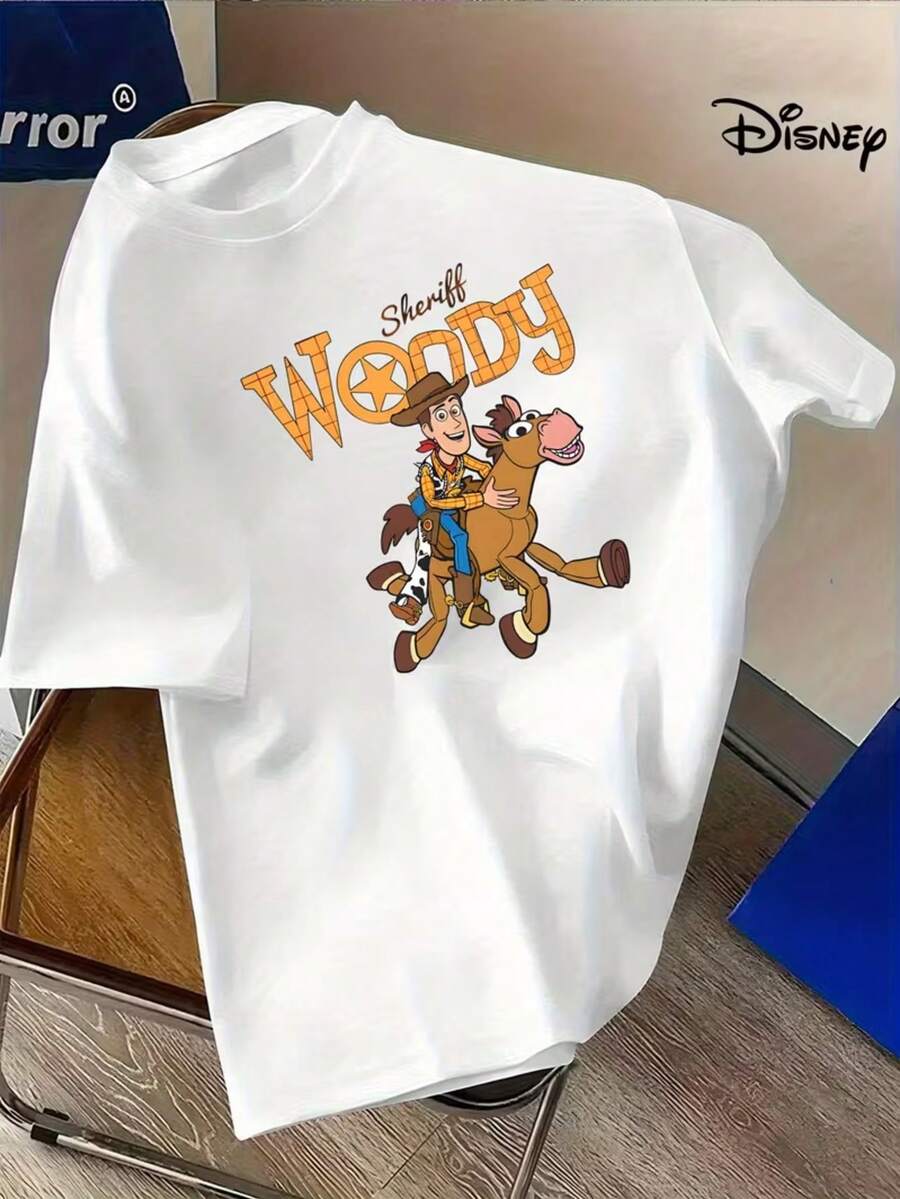 Disney Official Toy Story Sergeant Woody Men's Short-Sleeved T-Shirt-Conventional Tailored Casual Summer T-Shirt, Machine Washable, Casual Wear, Cartoon Character Printing, Durable Fabrics, Casual Wear, Patterned T-Shirt, Breathable Material, Short-Sleeved T-Shirt, Adult Men. - White - View 1