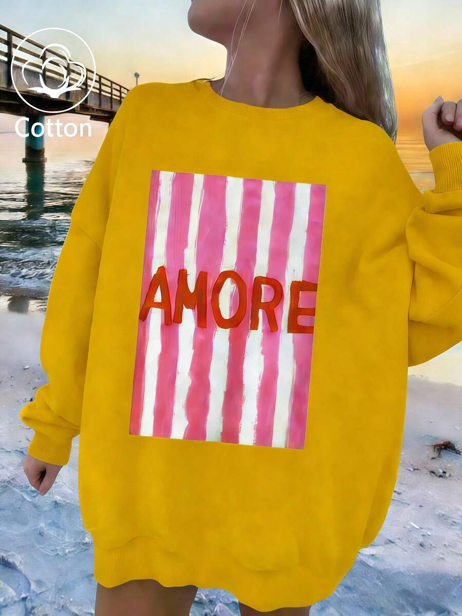 秋季可愛黃色女款長袖T恤,印有「AMORE」圖案,羅紋針織中等彈性圓領上衣,時尚休閒,戶外,Y2K,街頭風 - 金黃 - 查看 1