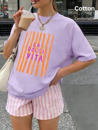 Einfarbiges Kurzarm-T-Shirt für Damen mit Rundhalsausschnitt, super lockeres Oberteil, Oberteil aus 100 % Baumwolle, weich und bequem, Alltags-Casual, Streetwear, Streifendruck mit Slogan "Sweet Life", Oberteil, Verano, Tops Mujer, Camisetas Mujer, Bluas de Mujer, Jersey, Sudaderas de Mujer, Ropa Mujer, Bluas de Mujer Elegantes, Verano Mujer, Ropa Verano Mujer, Deporte, Tops Verano, Mujer, Camisetas de Gym Mujer, Camisetas Básicas, Camisetas Manga Corta Mujer, Verano, Romwe, Festival-Outfit Mujer, Y2K, Herbst- und Winterspaß-T-Shirt, Urlaub, Strand, lässig, 90er-Jahre-Kleidung, süße Oberteile, Oster-Damenbekleidung, Karneval, alle Jahreszeiten, Büro/Lounge/Zuhause/Outdoor-Sport/einfach, Western-Frauen, Outfits, lila Oberteil