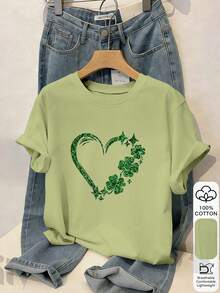 T-shirt de manga curta feminina 100% algodão para o Dia de São Patrício com estampado de trevo e coração, top casual de tecido macio, t-shirt gráfica para verão e férias na praia - Verde claro - Ver 7