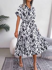 Casual Summer Loose Leopard Print Tie-Up Shirt With Turndown Collar & Short Sleeve, Ruffled Hem Midi Dress White Elegant - White - View 5