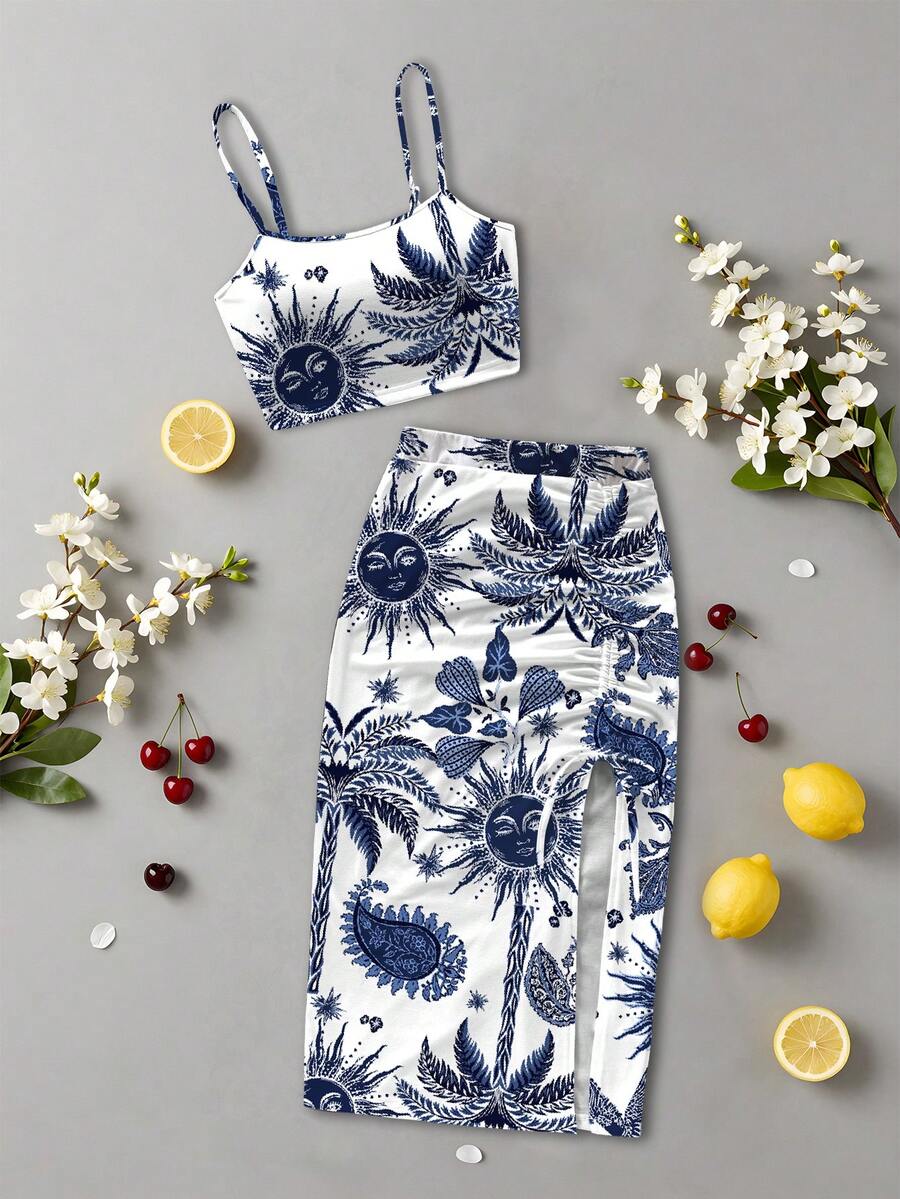 Women's 2 Pieces Floral Print Casual Outfit, Slit Ruffle Drawstring Beach Vacation Summer - Blue and White - View 1