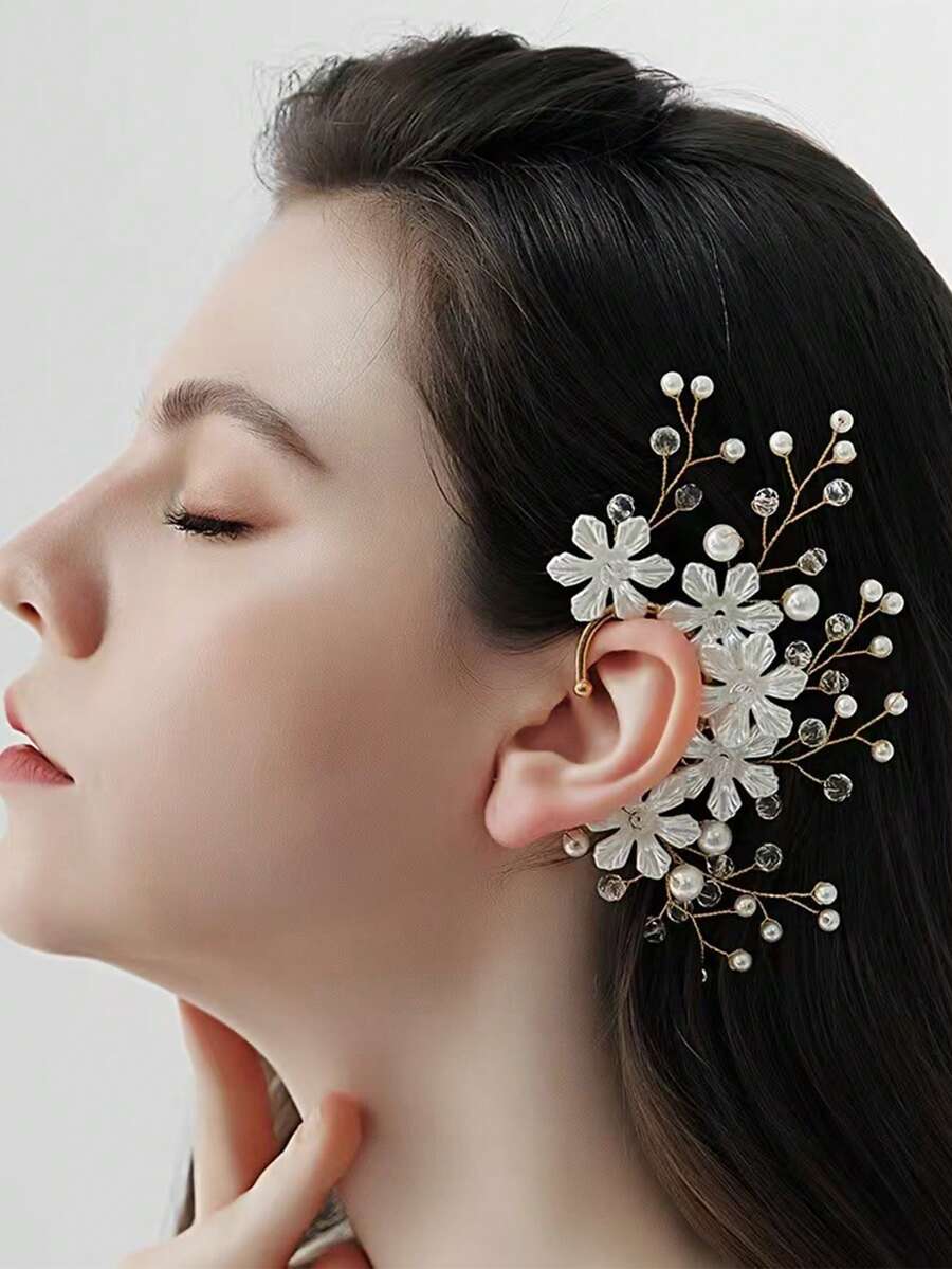 1pc Floral Design Vacation Style Earrings, Clip-On Exaggerated Unique Versatile Woodland Fairy Ear Cuff Earrings