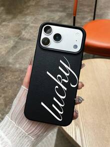 Lucky Letter Print Phone Case, Black Faux Leather Texture Shockproof Case, Scratch-Resistant Anti-Slip Protective Phone Cover, Minimalist Aesthetic Design, Fashionable Phone Case, Everyday Use Phone Case, Compatible With IPhone & Galaxy - Black - View 4