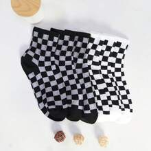 1/2/4/6 Pairs Women Checkerboard Patterned Crew Socks, Personalized Casual Socks Suitable For All Seasons, Couples, Outdoor, Parties, Gifts, Goth, Back To School, Tights, Soft, Breathable, Fall Socks - Black and White - View 7