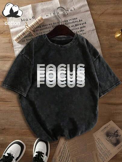 Áo thun nữ DailyFocus in chữ, cổ tròn, tay ngắn, kiểu dáng thường ngày, thích hợp mặc mùa xuân/thu/hè, màu đen.
