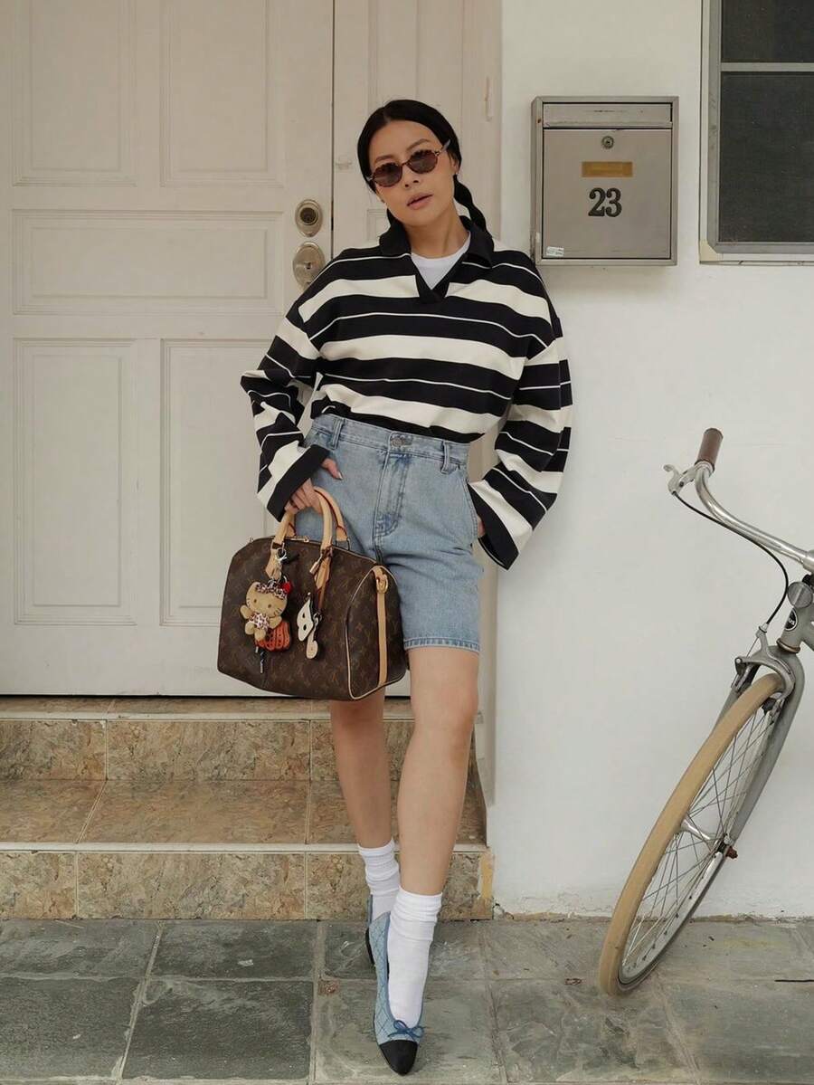 HoloChill 女士撞色领条纹休闲长袖套头针织衫,2026春夏新款百搭T恤,情人节 - 黑與白 - 查看 1