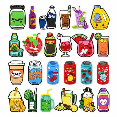 16/24件套夏季饮品系列鞋饰套装，PVC材质，可作沙滩包装饰，鞋履配件挂件，生日、圣诞节、情人节、万圣节派对礼品之选