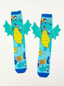 1 Pair Kids Over-The-Knee Socks, Featuring Cute Dinosaur Pattern Design With 3D Wing Decor. Children's Socks, Crazy Socks, Fun Socks, Suitable For All Seasons. They Make Perfect Gifts For Crazy Day, Kids Parties, Valentine's Day, Easter, Holidays, Outdoor Activities And Everyday Wear. - Baby Blue - View 9