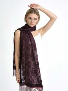 1件酒红色天鹅绒腰果色经典优雅舒适百搭独特迷人长流苏披肩，适合晚宴派对，新款时尚女士围巾 - 酒紅色 - 查看 7