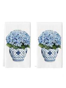 2pcs Vintage Floral Pattern Dish Cloths, Blue Ginger Jar Design Kitchen Towels, Made Of Polyester, Floral Pattern, Super Soft Woven Dishcloths, Machine Washable, Ideal For Holiday Gifts And Home Decor. - Blue - View 6