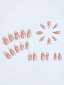 24pcs/Set Almond Shaped Press-On Nails, White Slanted Lines, French French Tip False Nails. Fashion Nail Art Accessories, Adding A Romantic Touch For A Sweet Look, Suitable For Ladies And Girls For Party, Date, And Daily Wear - Multicolor - View 4