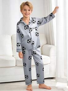 2 piezas/Set Pijama de manga larga con estampado de fútbol para niños preadolescentes - Multicolor - Ver 8