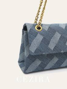 CEZIRA 女士斜挎翻盖包 优雅休闲时尚格子图案涤纶面料 磁扣金属链 女士方形单肩手提包 四季皆宜 百搭 适合大学、办公室、工作、约会和外出 - 藍色 - 查看 4