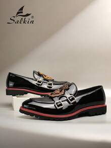 奢华复古设计师男士乐福鞋，优雅绅士社交皮鞋，双扣设计，刺绣蜜蜂和皇冠图案，亮面漆皮，轻便休闲正装鞋，适合商务、派对、婚礼、正式场合以及春秋季节穿着。尺码偏小，请订购大一码。 - 黑色 - 查看 11
