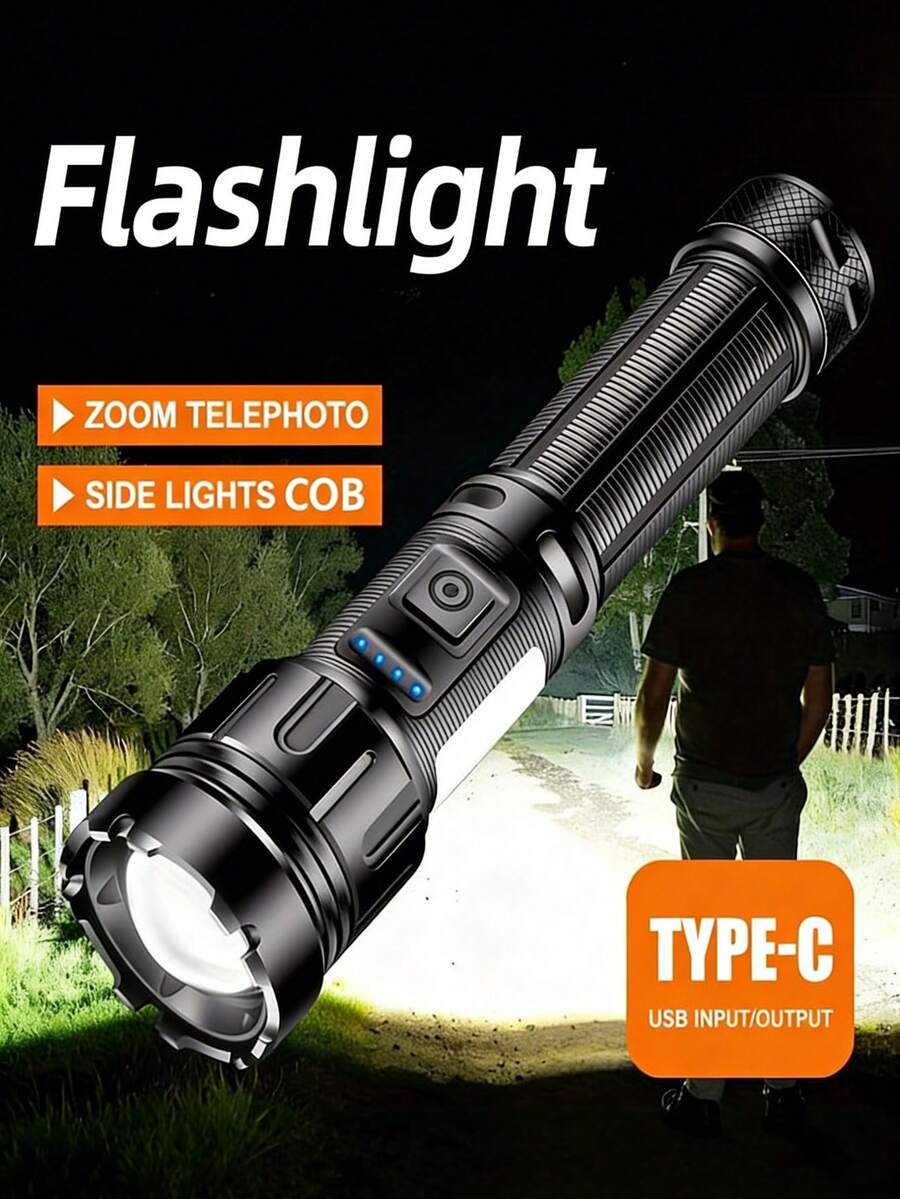 2/1pc Zoom And Extendable Flashlight With Strong Light P50 Lamp Beads, Waterproof, Type-C Charging, Adjustable In 7 Modes, Highly Suitable For Hiking, Camping, Night Patrols, And Emergency Use. - WK-p50 Aluminum Alloy - View 1