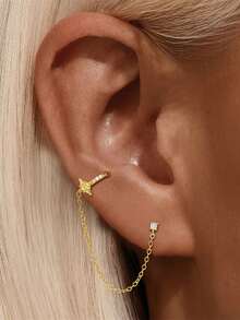 1件S925纯银个性化向日葵珍珠星星流苏耳钉，优雅日常佩戴饰品，节日礼物 - 金色 - 查看 17