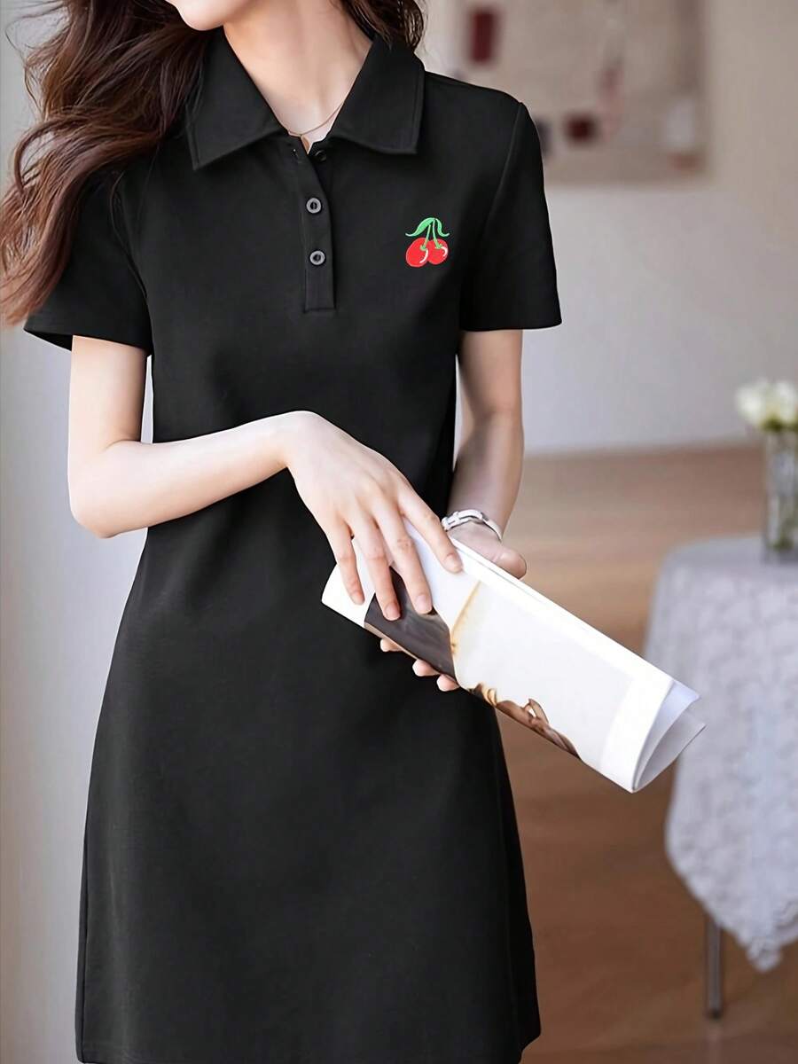 2026新款Polo衫连衣裙，女士夏季运动风连衣裙，时尚休闲修身A字T恤裙，黑色优雅款 - 黑色 - 查看 1