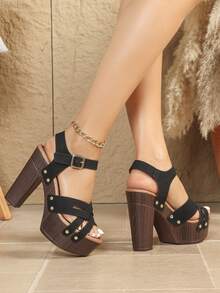 2026 Summer New High Heel Rivet Sandals Women, Waterproof Platform Thick Heel Slip-On Open Toe Thick Bottom Shoes - Black - View 3