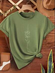 Camiseta Feminina T-shirt Estampada Flor Tulipa Fina Tendencia 100% Algodão Amor - Verde Militar - Visão 2