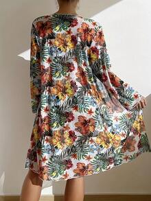 Women's 3-Piece Summer And Beachwear Set, Includes Push-Up Bra Top With Scarf, High-Waisted Panties, And Chiffon Dress With Random Print, Stylish Bikini Swimsuit - 白綠色 - 查看 2