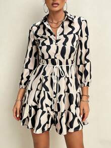 Aveloria Vestido camisero con estampado todo sobre y cinturón, atuendos de trabajo y vacaciones para mujer - Blanco y Negro - Ver 3