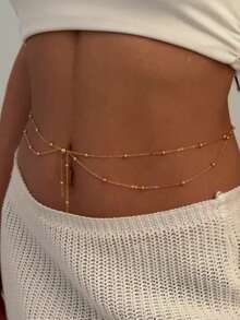 1pc Elegant Fashion Double-Layer Tassel & Pearl Ball Waist Chain, Suitable For Daily, Party, Beach, Vacation Wear - Gold - View 5