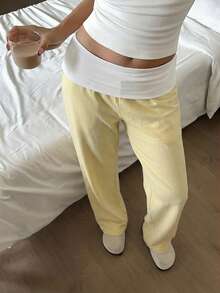 Quần ống đứng màu vàng Sunshine Girl, cạp chun trắng, phối màu khối, phong cách mặc nhà thoải mái, kiểu Y2K phù hợp cho mùa hè đi học, thời trang đường phố mùa xuân. - Màu vàng - Xem 9