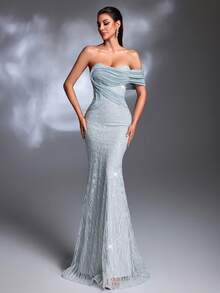 Đầm dạ hội/đầm cưới cao cấp, sang trọng, nhẹ nhàng, màu xanh khói mờ, đính sequin lấp lánh, xếp ly, trễ vai, chất liệu voan voan, thắt dây chéo, hở lưng, dáng đuôi cá. - Màu xanh nhạt - Xem 3