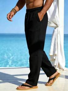Pantalones de lino sueltos con cordón y bolsillo, unicolor, casuales, cómodos para primavera, verano, otoño e invierno - Negro - Ver 4