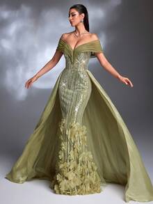 浅橄榄绿立体花瓣串珠刺绣露肩薄纱缎面系带拖尾奢华宫廷风格晚礼服 - 綠色 - 查看 4