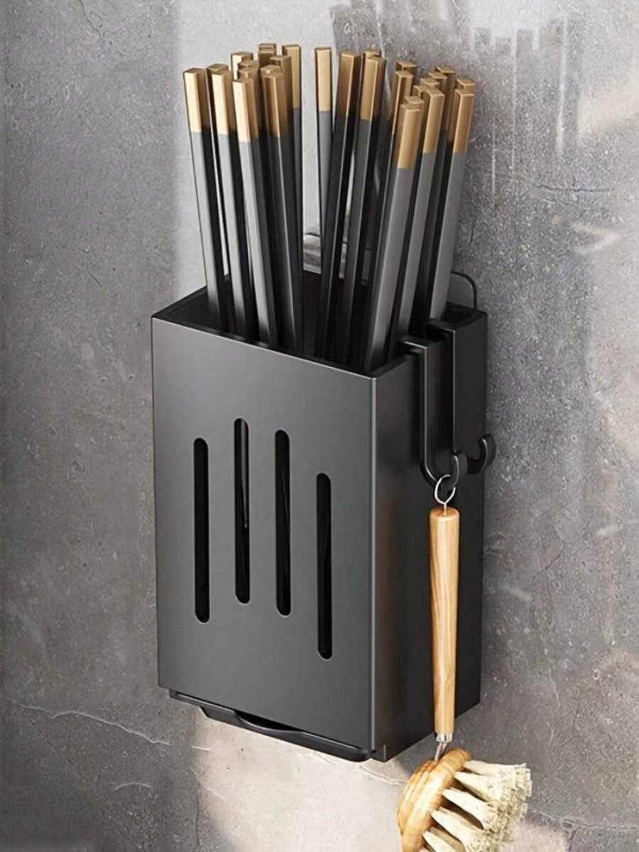 1 pieza/2 piezas Soporte para utensilios de cocina con bandeja de goteo y 2 ganchos - Fácil de instalar - Montado en la pared o de pie Estante para palillos - Diseño de varios compartimentos, adecuado para accesorios de cocina de autocaravana o cocina de camping al aire libre